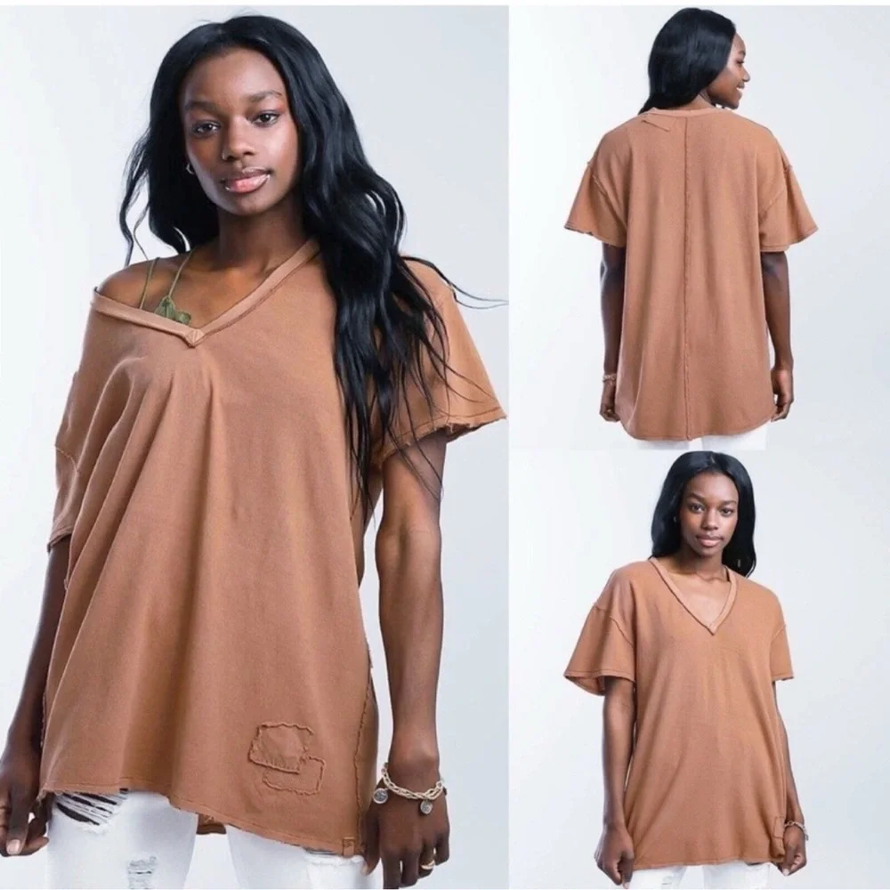 NWOT Free People We The Free | Joni Distressed V-Neck Tee | XS